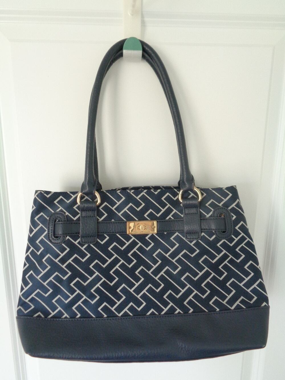 Tommy Hilfiger Womens Navy Blue Logo Print Bag Tote Purse Goldtone Accent